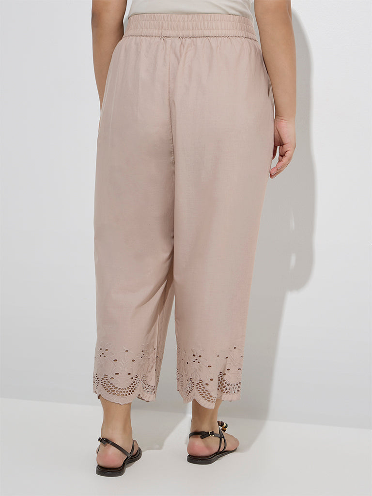 Diza Beige Schiffli Detailed Cotton Ethnic Pants - Image 4