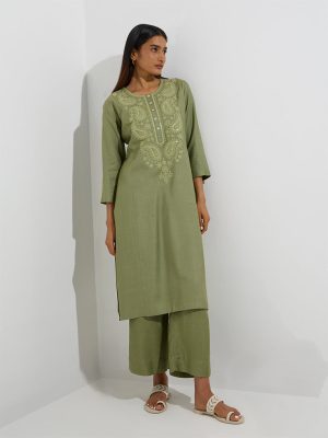 Zuba Green Solid Ethnic Pants