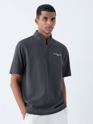 Studiofit Dark Grey Relaxed-Fit Quarter-Zip T-Shirt