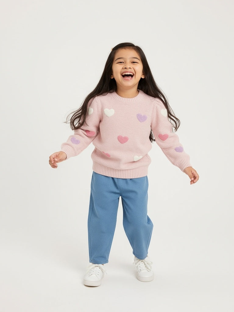 HOP Kids Pink Heart Embroidered Cotton Sweater