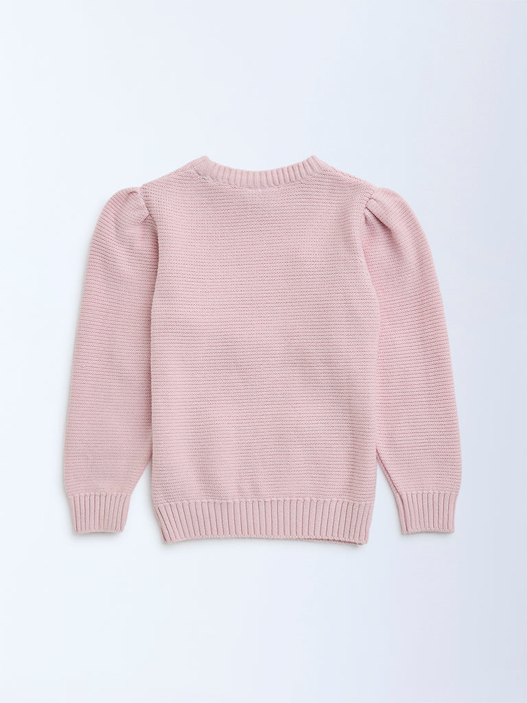 HOP Kids Pink Heart Embroidered Cotton Sweater - Image 3