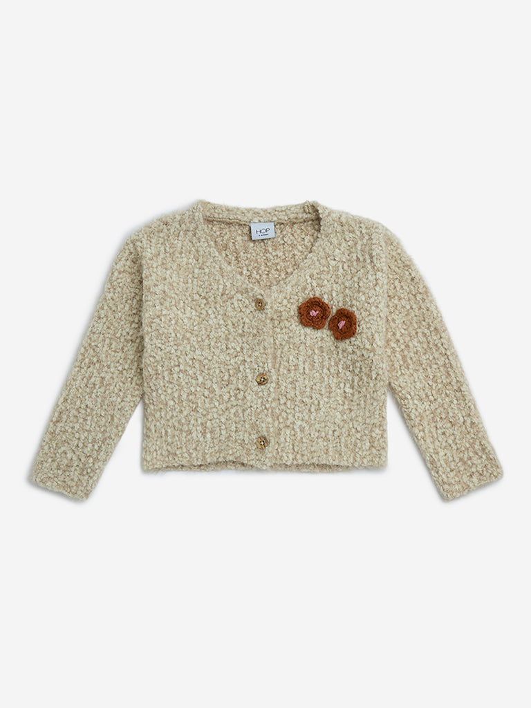 HOP Kids Beige Floral Detailed Fleece Cardigan