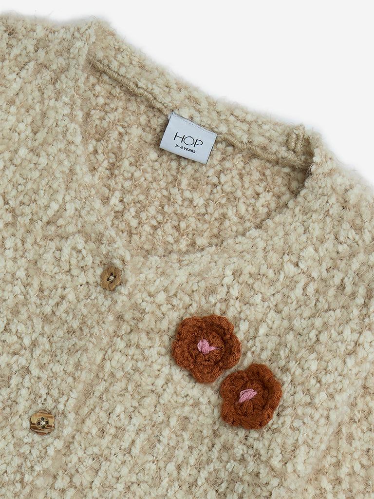 HOP Kids Beige Floral Detailed Fleece Cardigan - Image 3