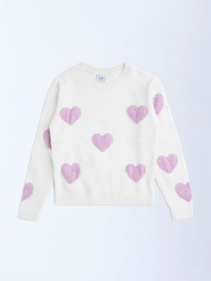 HOP Kids White Heart Printed Sweater