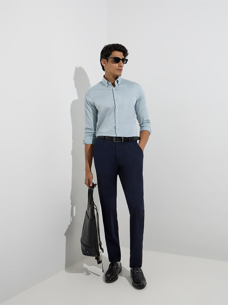 WES Formals Dusty Blue Solid Slim-Fit Cotton-Blend Shirt