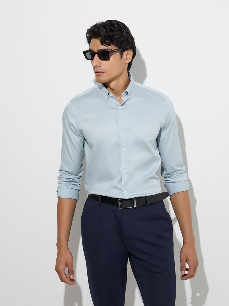 WES Formals Dusty Blue Solid Slim-Fit Cotton-Blend Shirt - Image 2