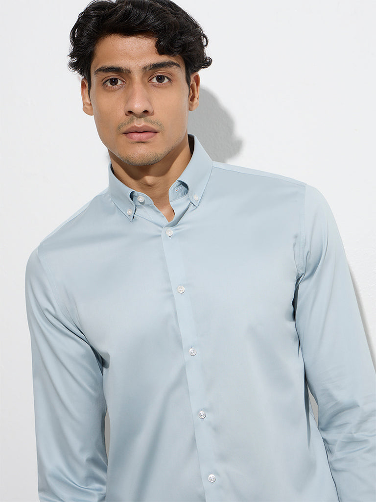 WES Formals Dusty Blue Solid Slim-Fit Cotton-Blend Shirt - Image 3