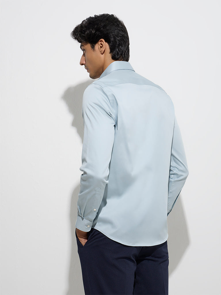 WES Formals Dusty Blue Solid Slim-Fit Cotton-Blend Shirt - Image 4