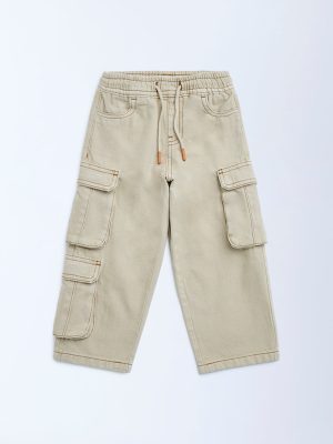 HOP Kids Beige Cargo-Style Mid-Rise Jeans