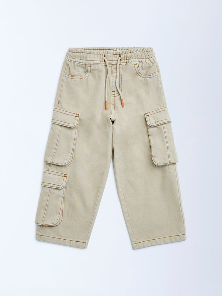 HOP Kids Beige Cargo-Style Mid-Rise Jeans