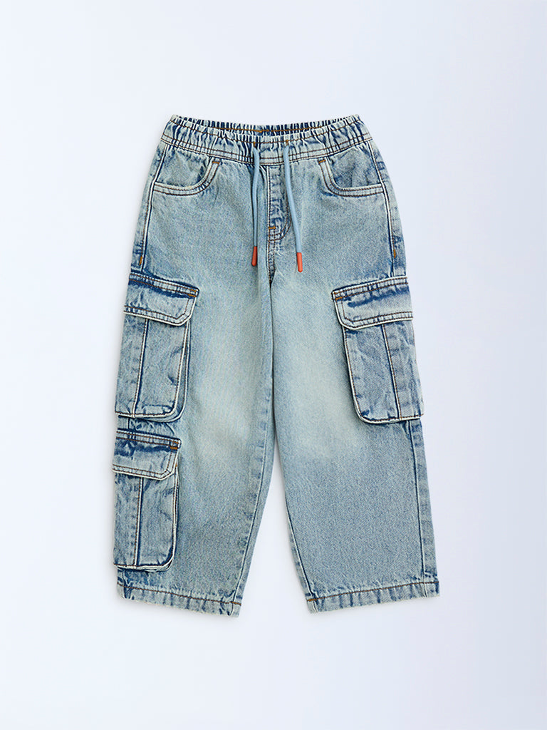 HOP Kids Blue Cargo-Style Relaxed-Fit Mid-Rise Jeans