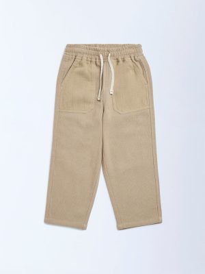 HOP Kids Beige Solid Mid-Rise Cotton Trousers
