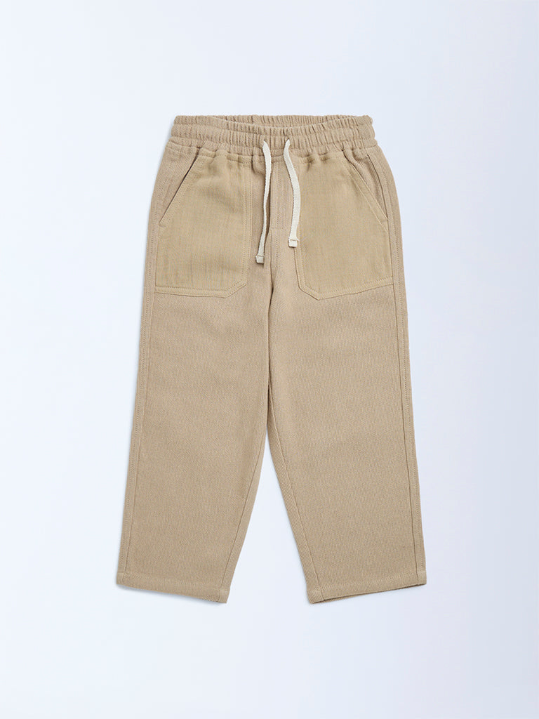 HOP Kids Beige Solid Mid-Rise Cotton Trousers
