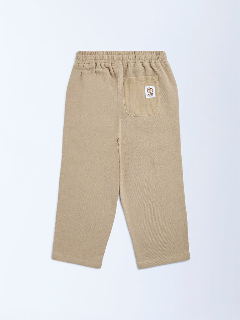 HOP Kids Beige Solid Mid-Rise Cotton Trousers - Image 2