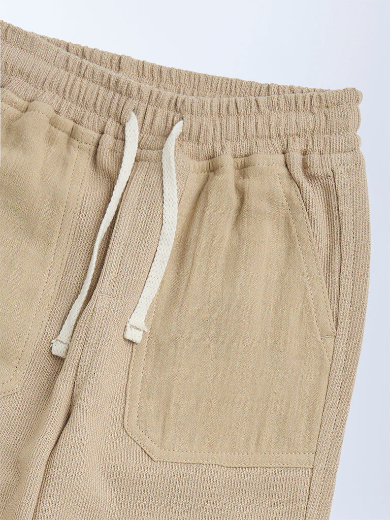 HOP Kids Beige Solid Mid-Rise Cotton Trousers - Image 3