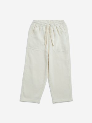 HOP Kids Off-White Textured Mid-Rise Cotton Trousers