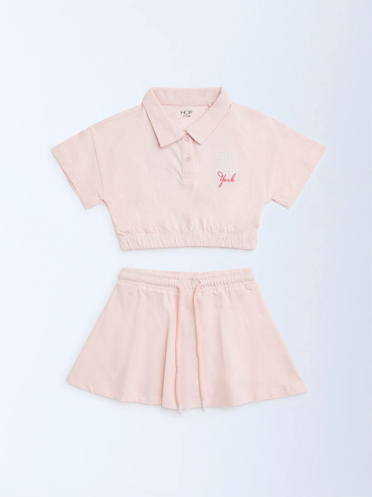 HOP Kids Pink Printed Cotton Polo T-Shirt with Skirt Set - Image 2
