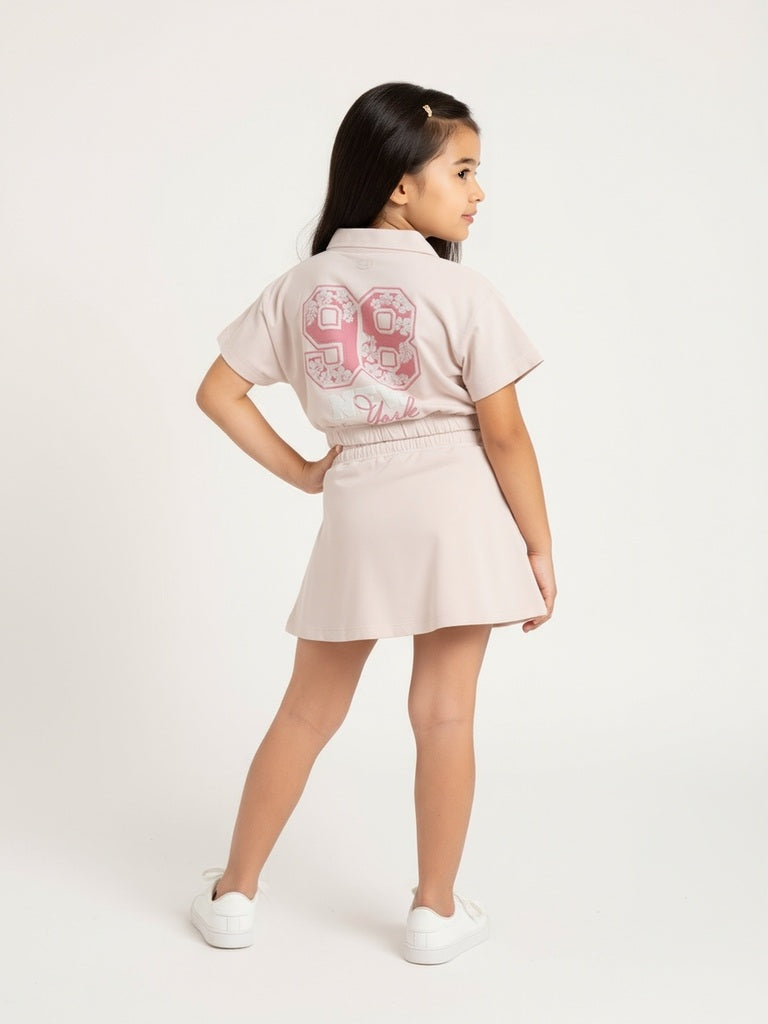 HOP Kids Pink Printed Cotton Polo T-Shirt with Skirt Set - Image 6