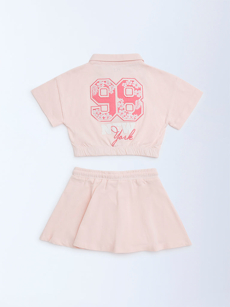 HOP Kids Pink Printed Cotton Polo T-Shirt with Skirt Set - Image 4