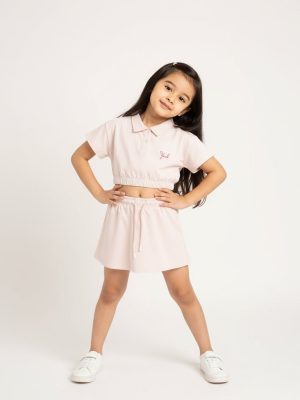HOP Kids Pink Printed Cotton Polo T-Shirt with Skirt Set