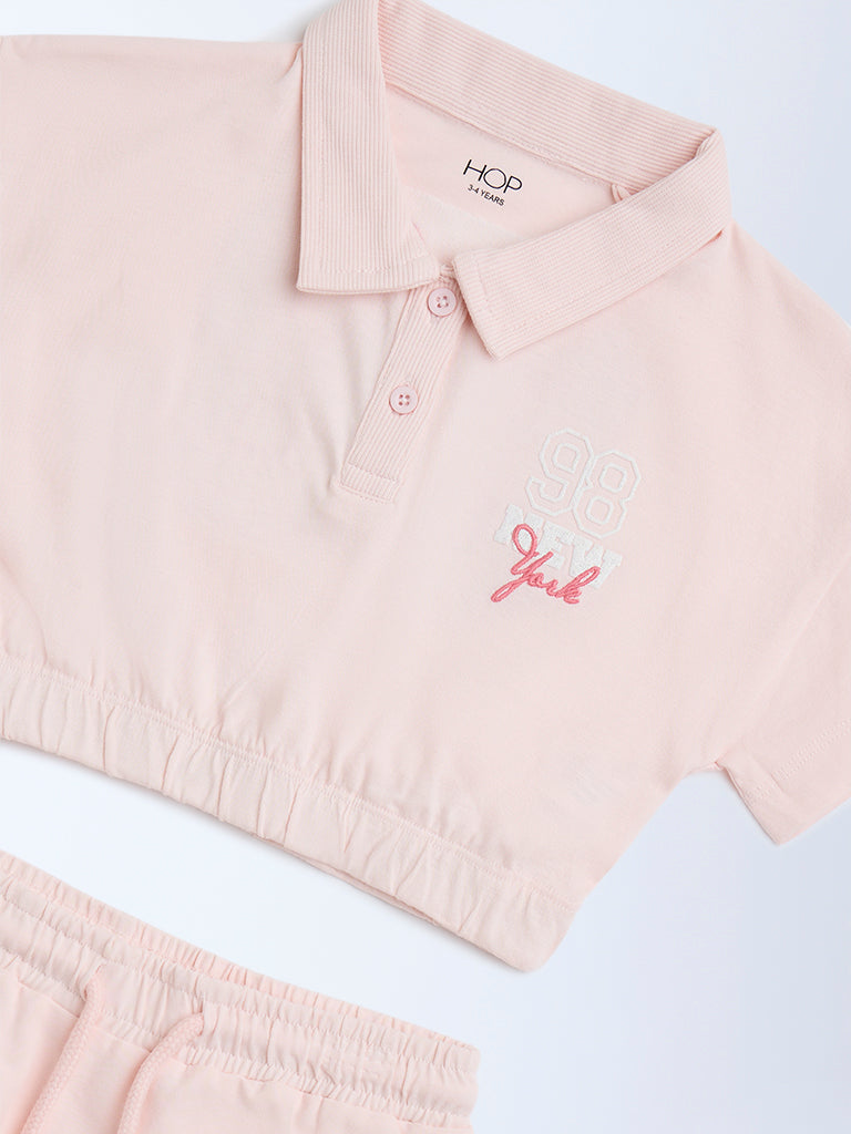 HOP Kids Pink Printed Cotton Polo T-Shirt with Skirt Set - Image 5