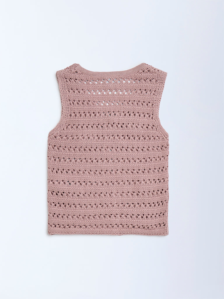 HOP Kids Dusty Pink Crochet Knitted Cotton Vest Top - Image 2