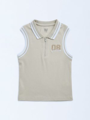 Y&F Kids Beige Ribbed-Textured Cotton-Blend Quarter-Zip Polo T-Shirt