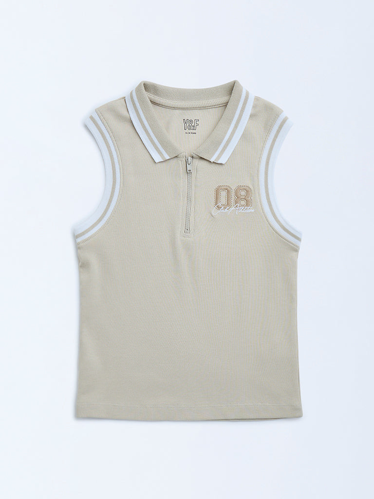 Y&F Kids Beige Ribbed-Textured Cotton-Blend Quarter-Zip Polo T-Shirt