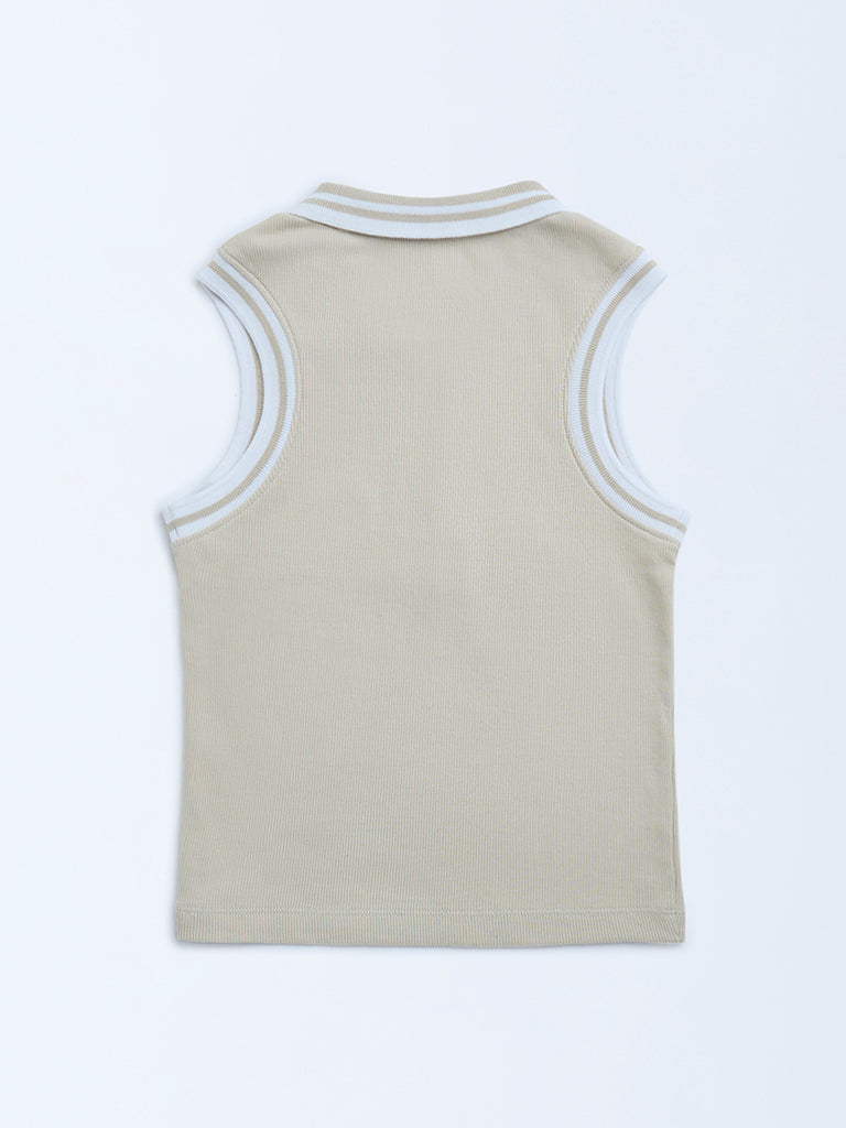 Y&F Kids Beige Ribbed-Textured Cotton-Blend Quarter-Zip Polo T-Shirt - Image 2