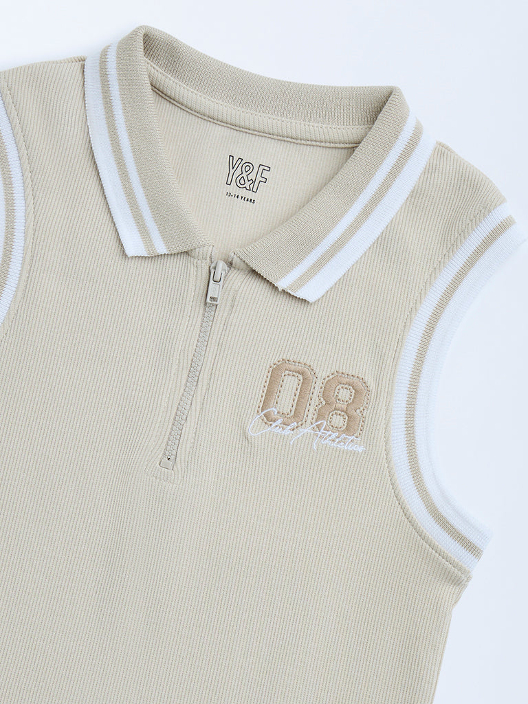 Y&F Kids Beige Ribbed-Textured Cotton-Blend Quarter-Zip Polo T-Shirt - Image 3