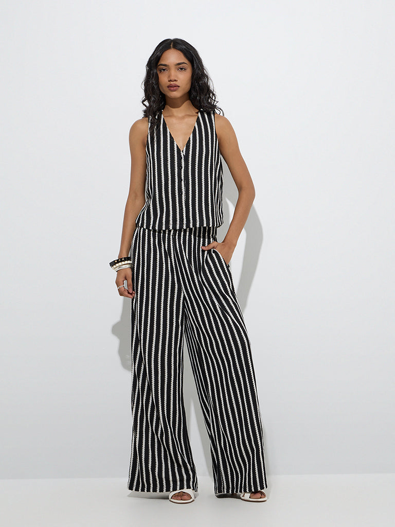 LOV Black Striped Knitted High-Rise Trousers
