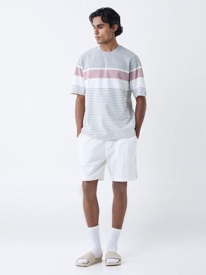 WES Lounge Grey Self-Striped Relaxed-Fit Cotton-Blend T-Shirt