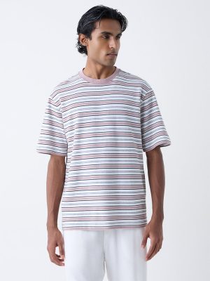 WES Lounge Pink Striped Relaxed-Fit Cotton-Blend T-Shirt