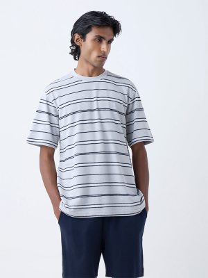 WES Lounge Grey Striped Relaxed-Fit Cotton-Blend T-Shirt