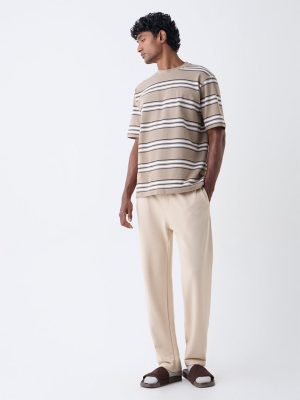 WES Lounge Taupe Striped Relaxed-Fit Cotton-Blend T-Shirt
