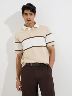 WES Casuals Beige Relaxed-Fit Cotton-Blend Polo T-Shirt