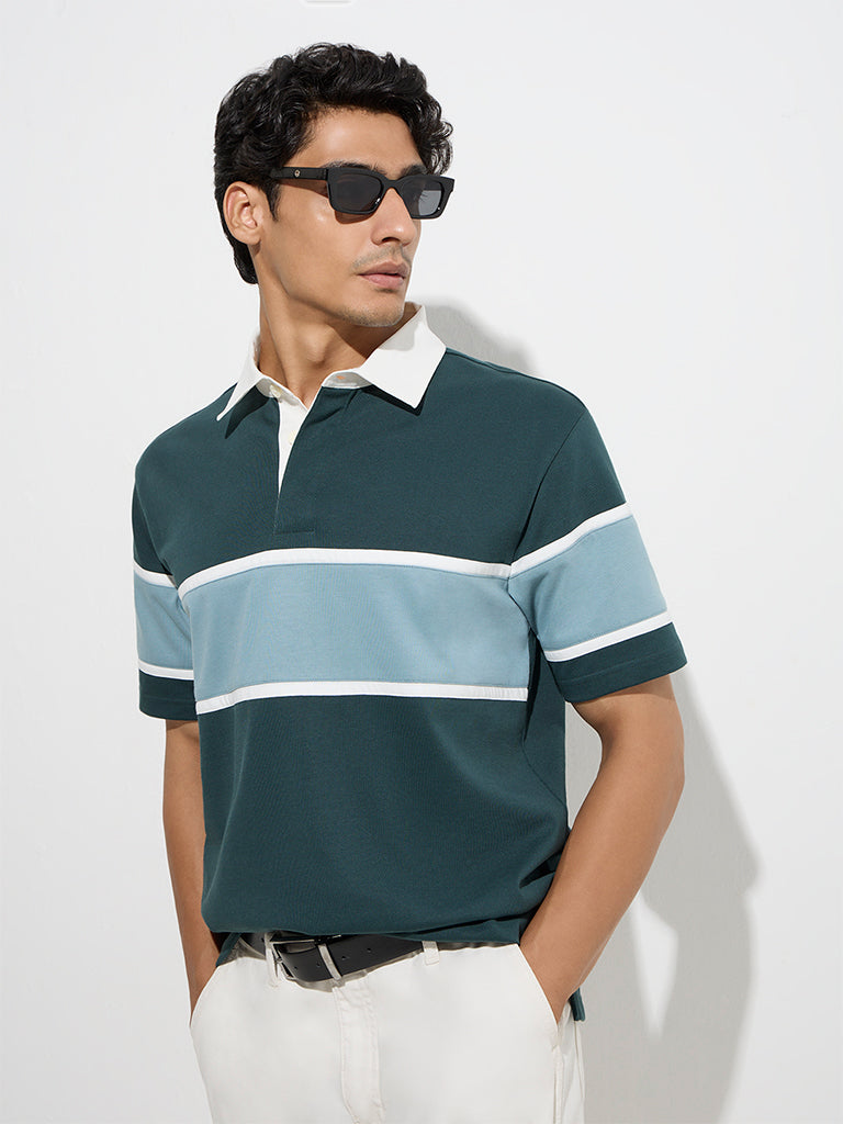 WES Casuals Teal Relaxed-Fit Cotton-Blend Polo T-Shirt - Image 3