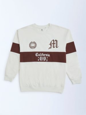 Y&F Kids White Colour Blocked Cotton-Blend Sweatshirt