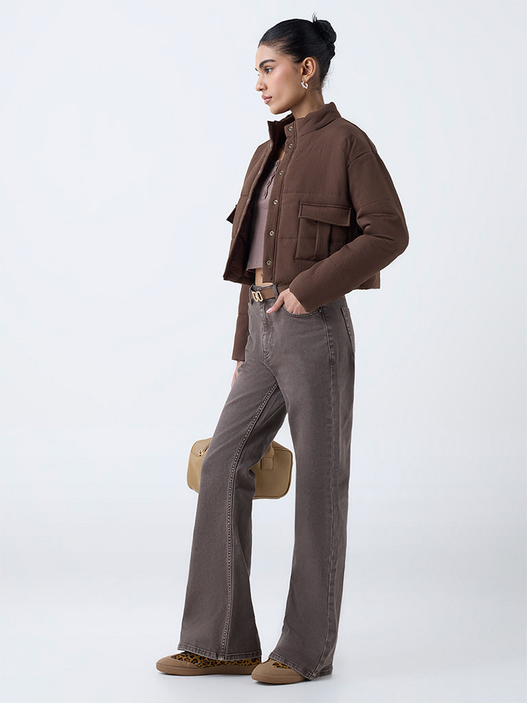 Nuon Dark Brown Ribbed-Textured Puffer Jacket - Image 2