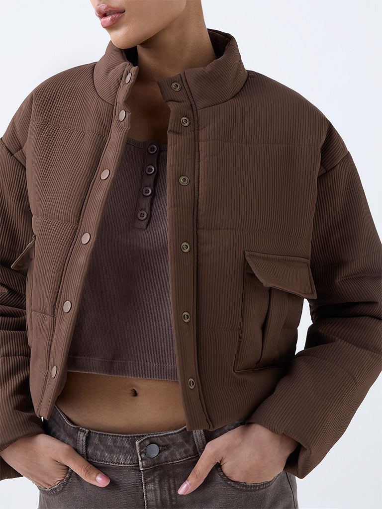 Nuon Dark Brown Ribbed-Textured Puffer Jacket - Image 3