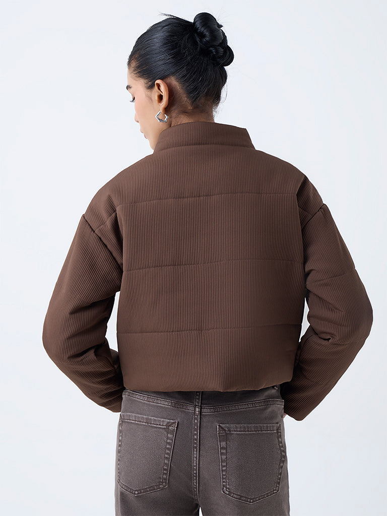 Nuon Dark Brown Ribbed-Textured Puffer Jacket - Image 4