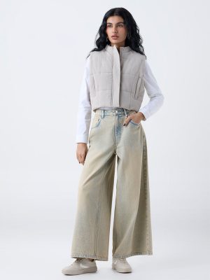 Nuon Light Beige Self-Striped Puffer Jacket