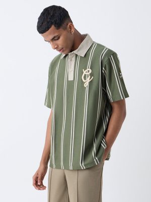 Studiofit Olive Striped Relaxed-Fit Cotton-Blend Polo T-Shirt