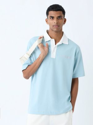 Studiofit Light Blue Relaxed-Fit Cotton-Blend Polo T-Shirt
