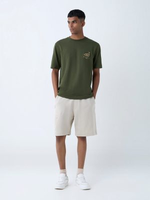 Studiofit Olive Text Relaxed-Fit Cotton-Blend T-Shirt