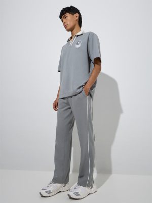 Studiofit Grey Solid Relaxed-Fit Mid-Rise Track Pants