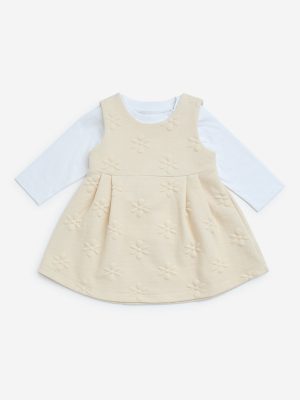 HOP Baby Off-White Floral Embossed Cotton Pinafore with Top Set