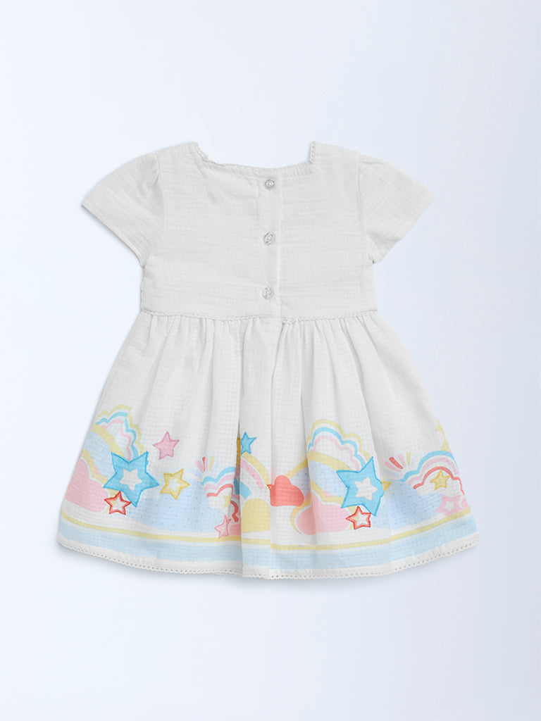 HOP Baby White Rainbow Detailed Cotton A-Line Dress - Image 3