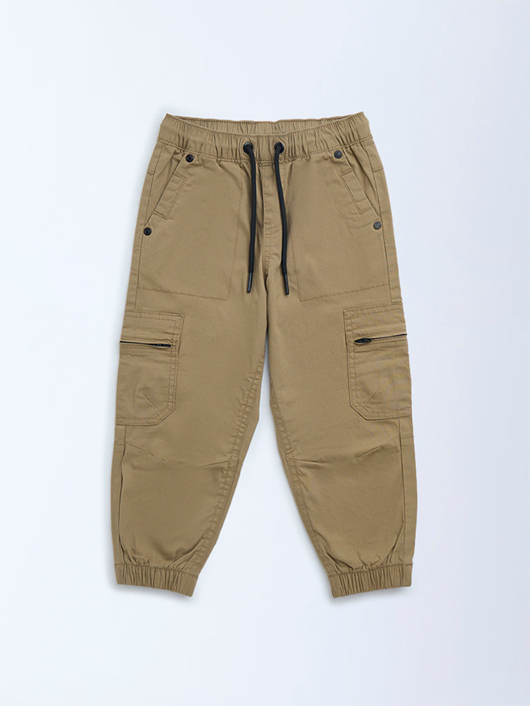 HOP Kids Beige Mid-Rise Cotton-Blend Joggers