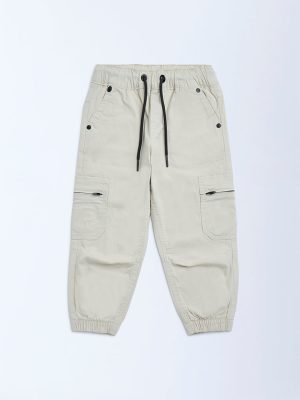HOP Kids Beige Mid-Rise Cotton Joggers